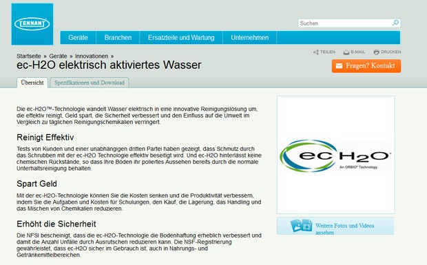 Screenshot Tennant Werbung für Reinigung mit ec-H2O-Technik