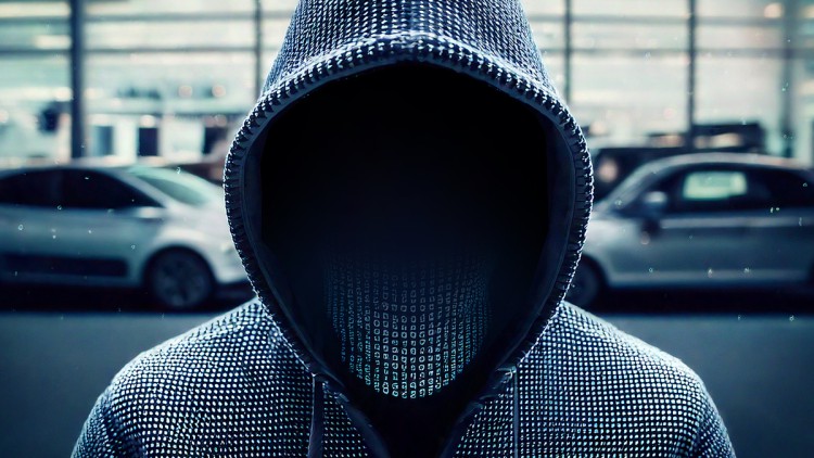 Symbolhafte Darstellung eines Cyberkriminellen vor einem Autohaus