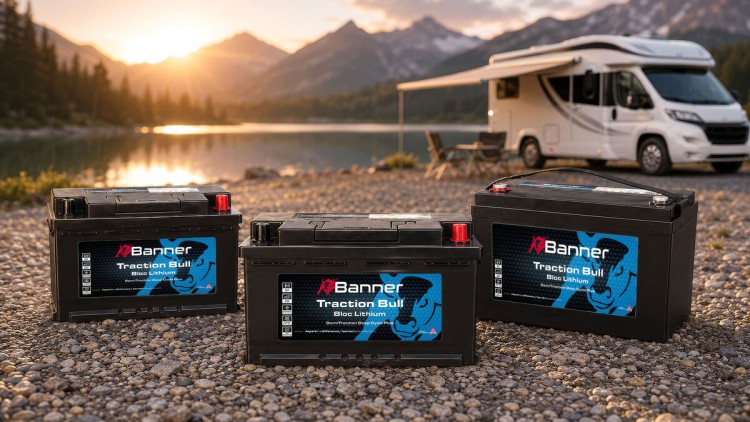 Batterien an Ufer platziert mit Caravan im Hintergrund