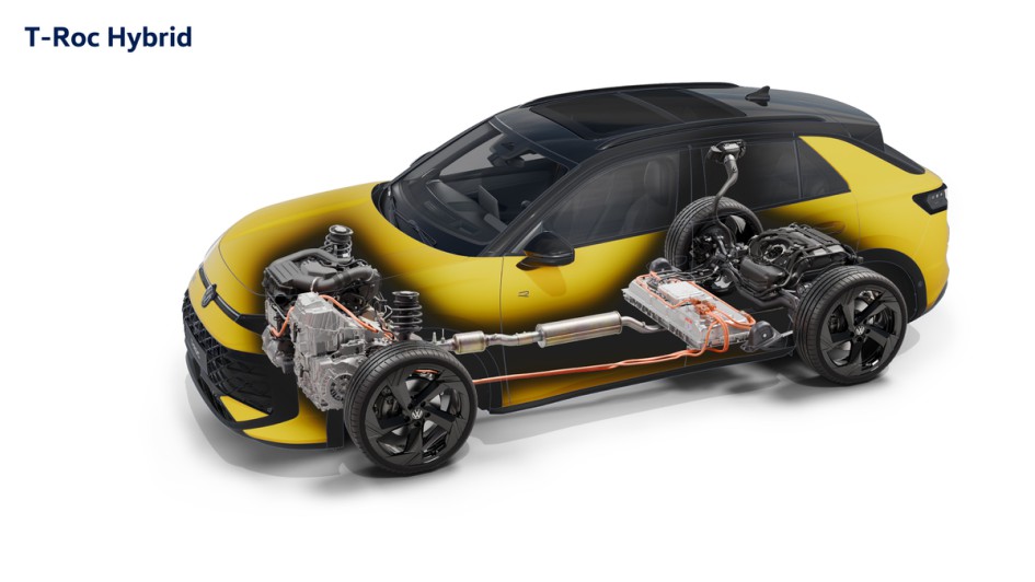 Schnittzeichnung eines VW T-Roc Modelljahr 2026 mit Vollhybrid-Motor