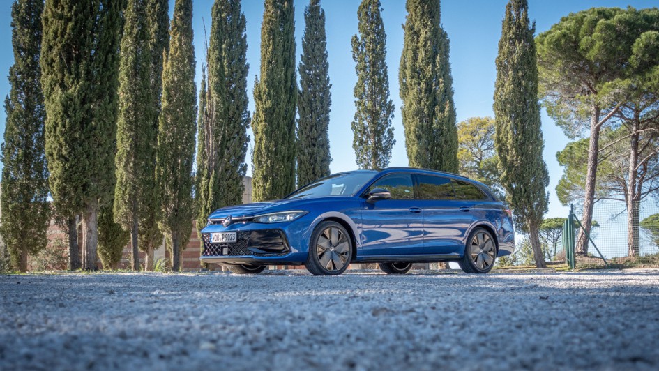 Blauer Passat Variant 2.0 TDI R-Line in der Seitenansicht vor Pinien aufgenommen