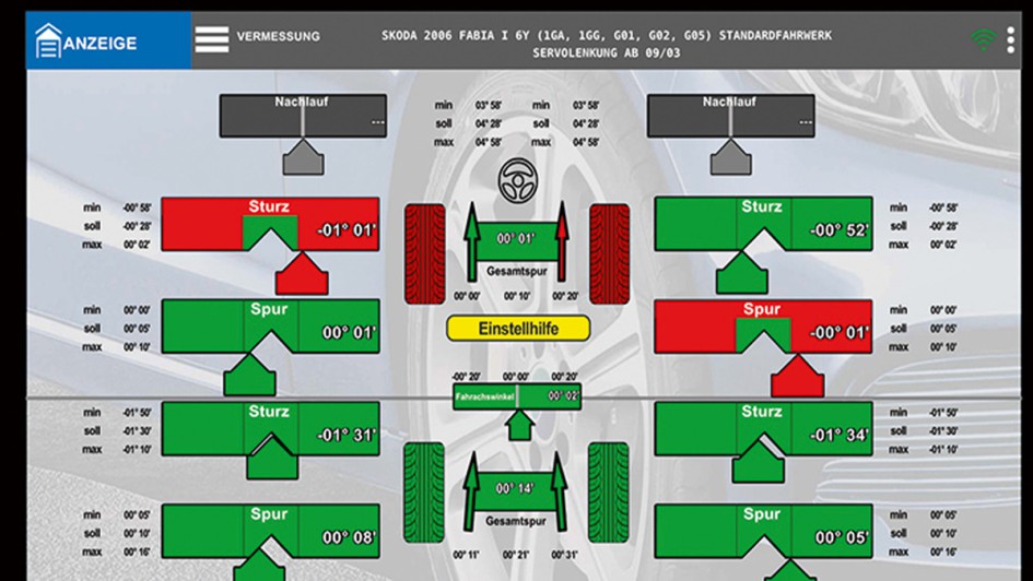 Ein Auto in einer Werkstatt zur Achsvermessung. 