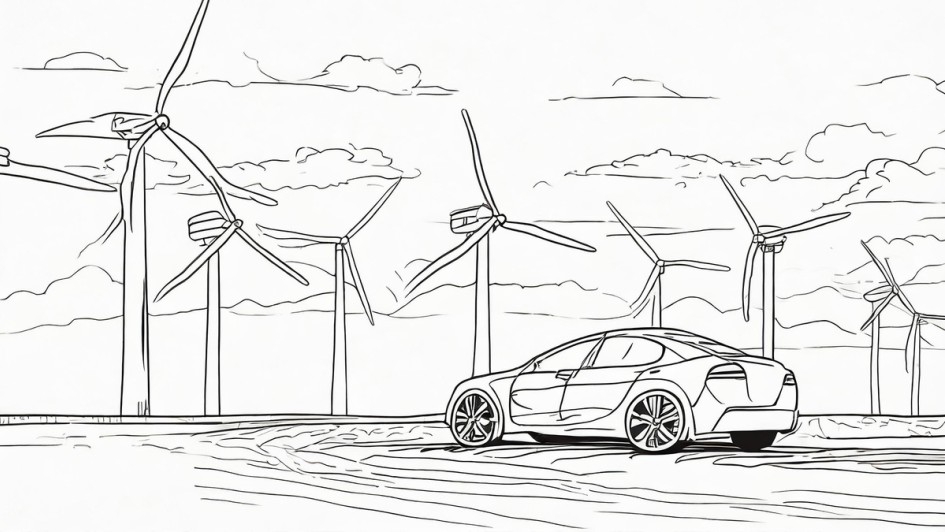 Ein Auto mit Windrädern im Hintergrund