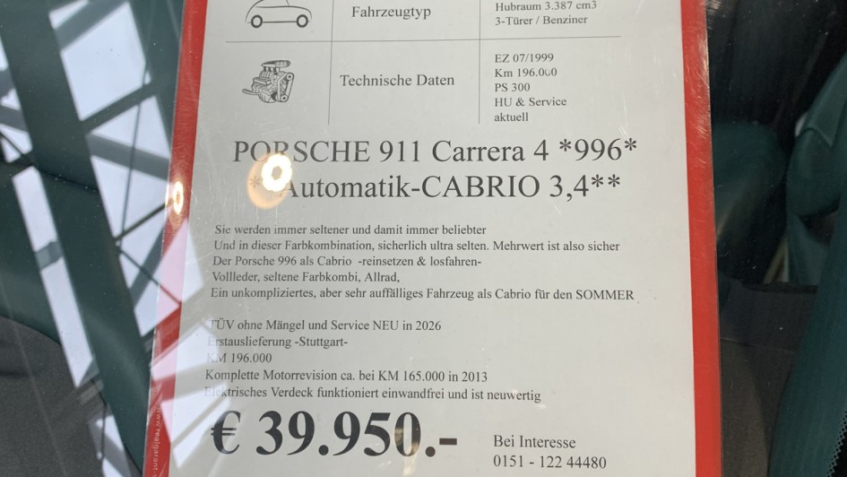Preisschild vom Porsche 996 Cabriolet